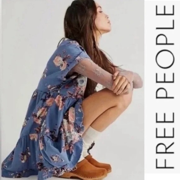 Free People Dresses & Skirts - Free People Harper Corduroy Blue Floral Mini Dress, Size XS but Oversized, NWPT